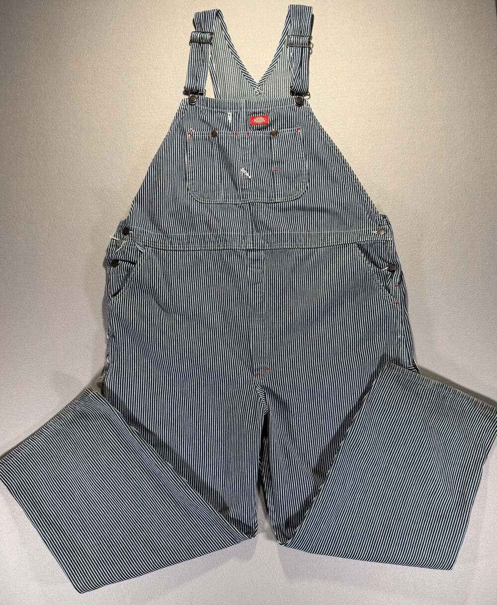 Dickies Bib Overalls Mens 46x30 Hickory Stripe Workwear Denim